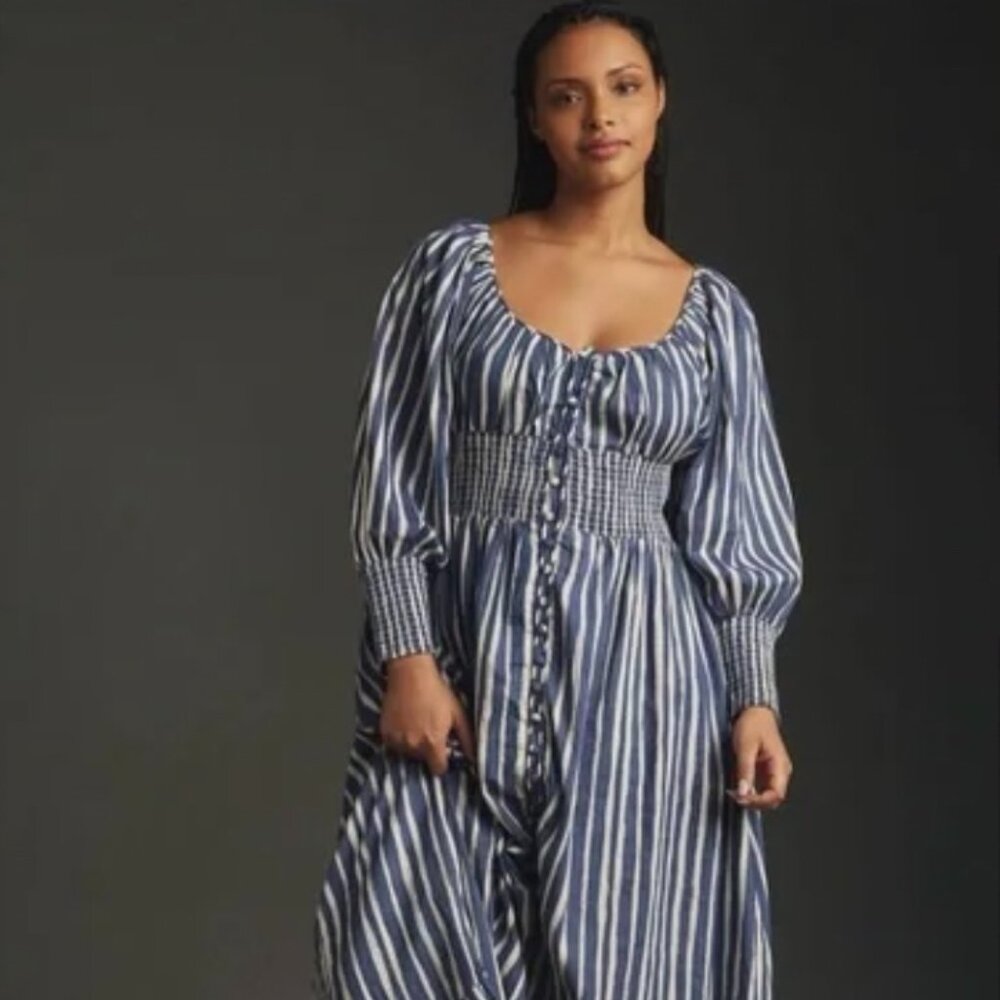 Anthropologie Long-Sleeve Sweetheart Midi Dress Style in Blue Motif, size XL